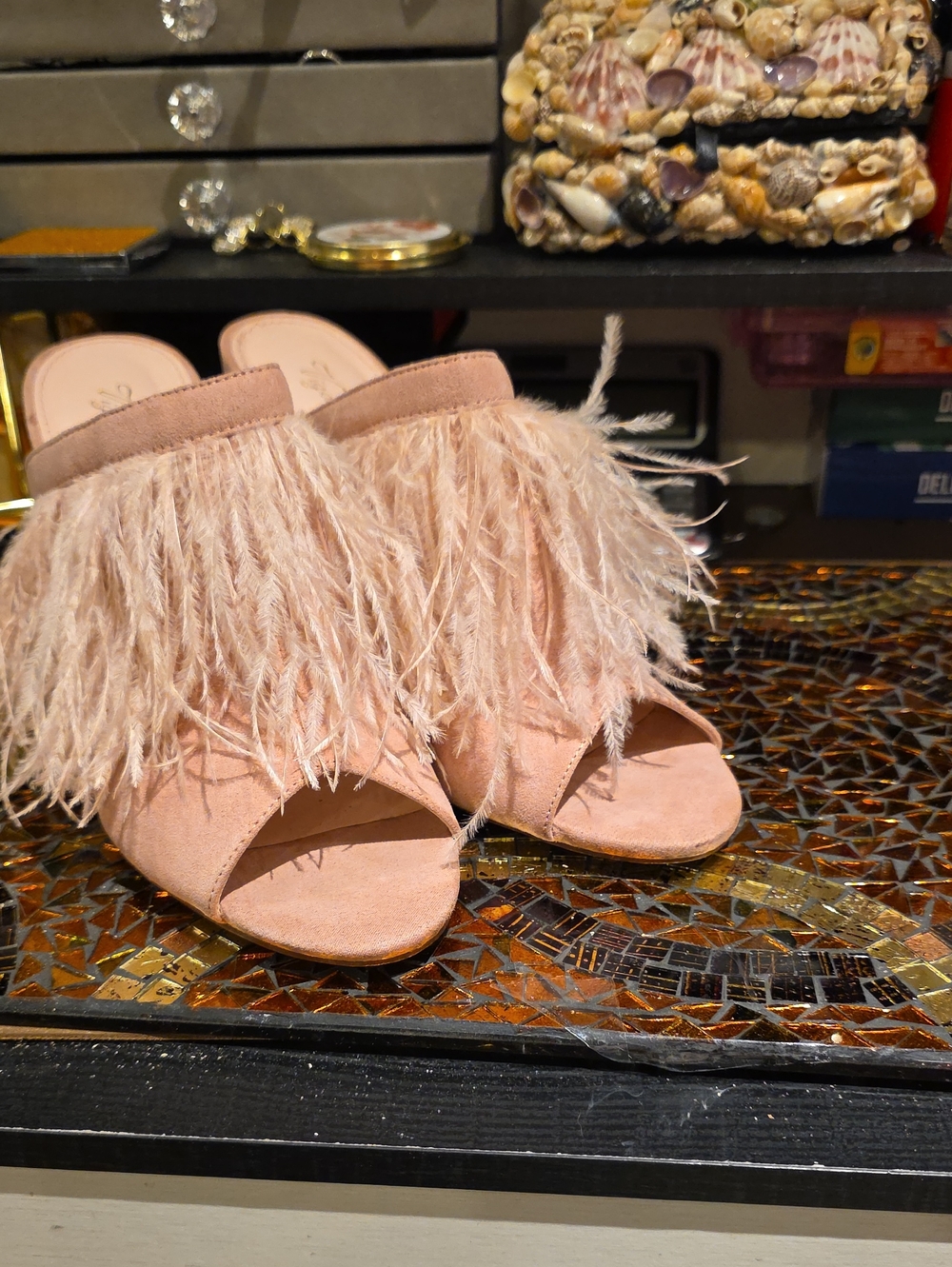 Pink Feather Slide Mules